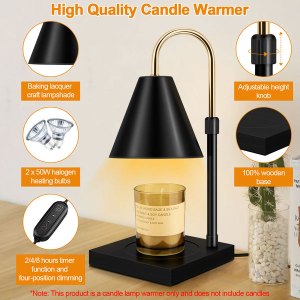 Candle Warmer, Candle Warmer Lamp with Timer Dimmable and Adjustable Height Candle Lamp Warmer Compatible with Jar Candles for Home Decor Electric Wax Melter Warmer, Wooden Base Black